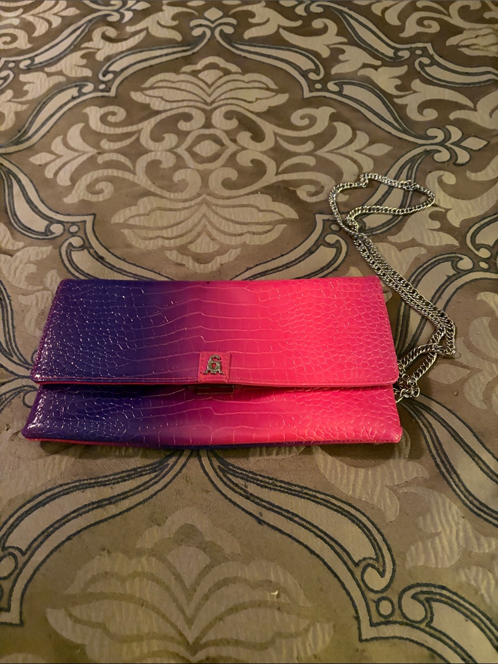 Steve Madden Pink to Purple Croc-Embossed Chain Clutch